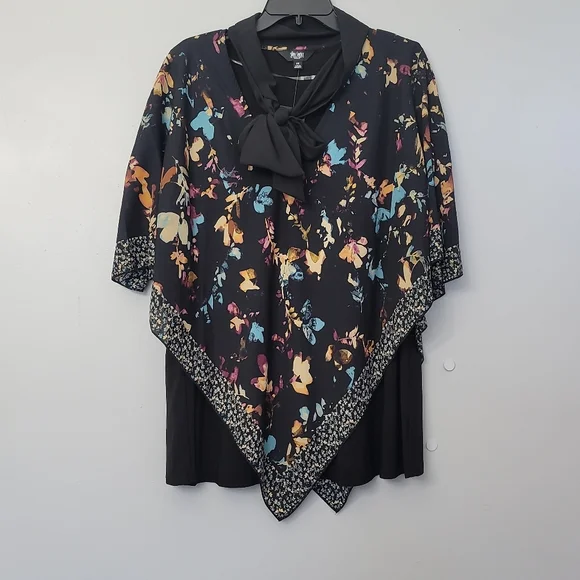 Slim Factor By Investments Floral Print Short Sleeve V-Neck Tie Layer Poncho Top - Picture 5 of 11